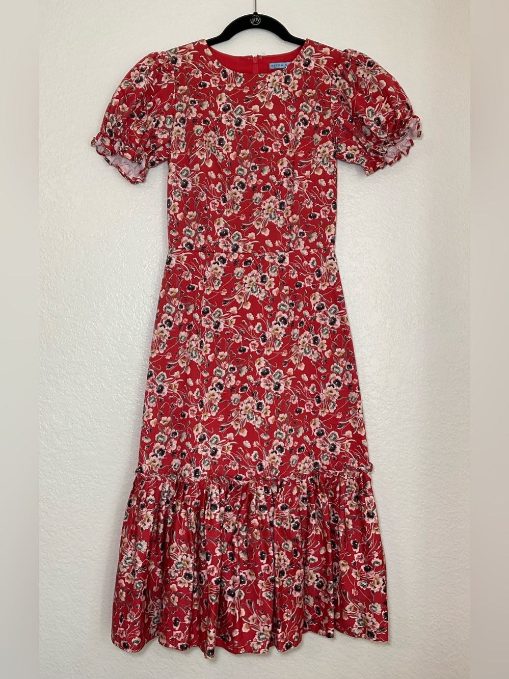 Antonio Melani Red Floral Puff Sleeve Midi Dress Size 0 Cotton Blend